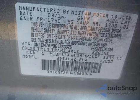 2016 Nissan Versa 1.6 S+ from USA, damaged, VIN 3N1CN7AP0GL883326